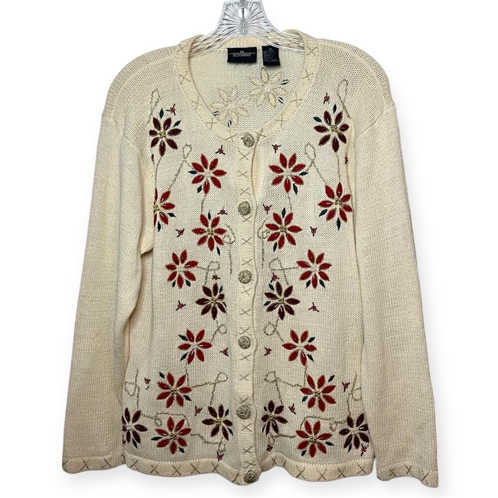 Vintage In Resource Cream Poinsettia Beaded Holiday Cardigan Sweater Sz Medium